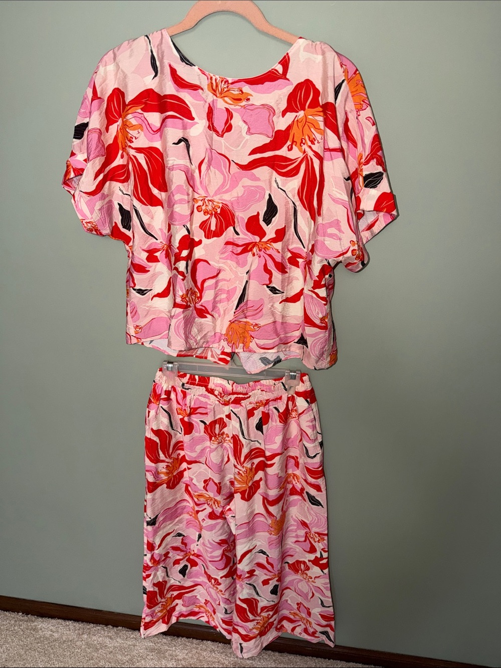 NWOT Melloday 2-Piece Floral Matching Set Pink Wide Leg Pants & Blouse